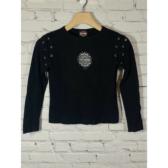 Harley-Davidson Tops - Vintage Harley Davidson Long Sleeve Women's Cropped‎ Shoulder Rivets Size M 4173
